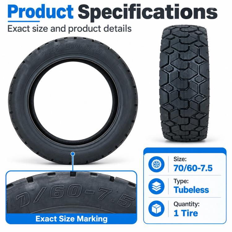 Black tubeless scooter tire, 70/60-7.5 size marking, detailed tread