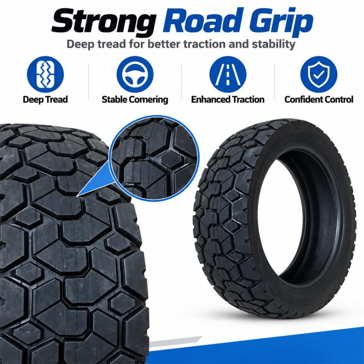 Black tubeless scooter tire with deep tread blocks for traction and stable grip