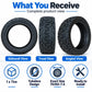 Black tubeless scooter tire shown in side, tread, and angled views