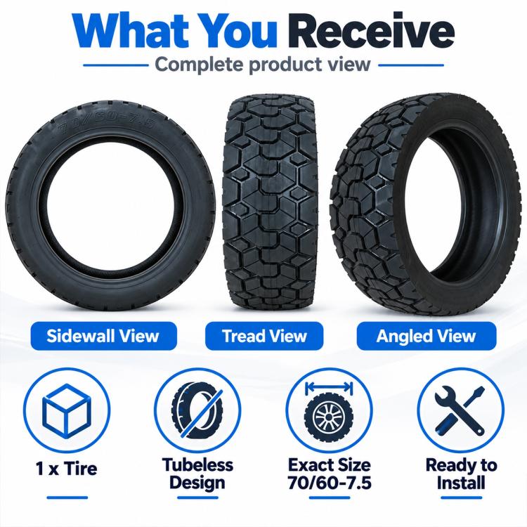 Black tubeless scooter tire shown in side, tread, and angled views