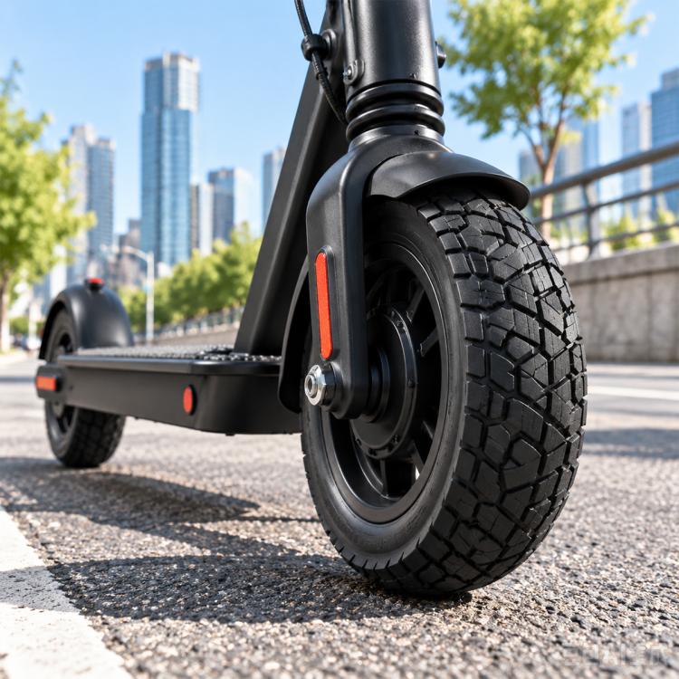 Front replacement wheel: 11-inch black tubeless scooter tire with deep tread