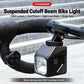 Front bicycle light suspended on handlebar with square head and visible beam lens
