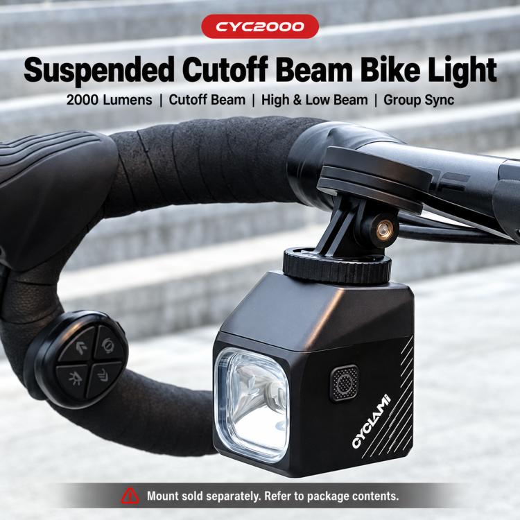 Front bicycle light suspended on handlebar with square head and visible beam lens