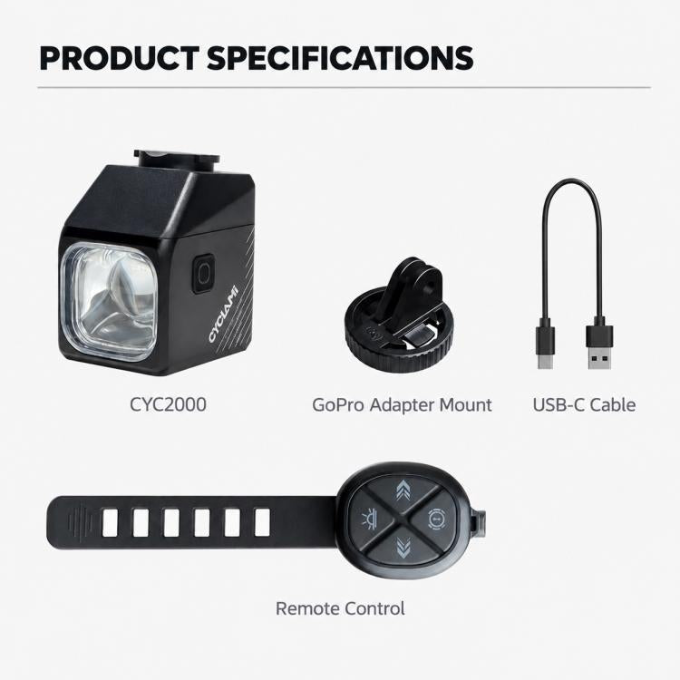 Black bike front light with remote control, GoPro adapter mount, and USB charging cable