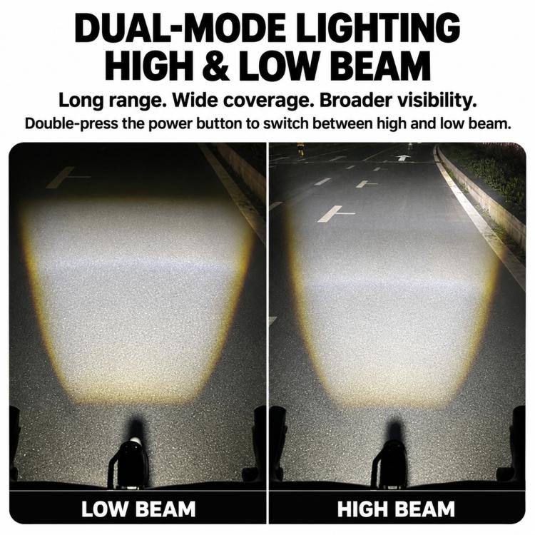 Bike front light showing wide low and high beam patterns from the lens