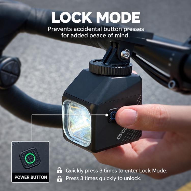 Front bike light with lock mode button interface on the housing and mount