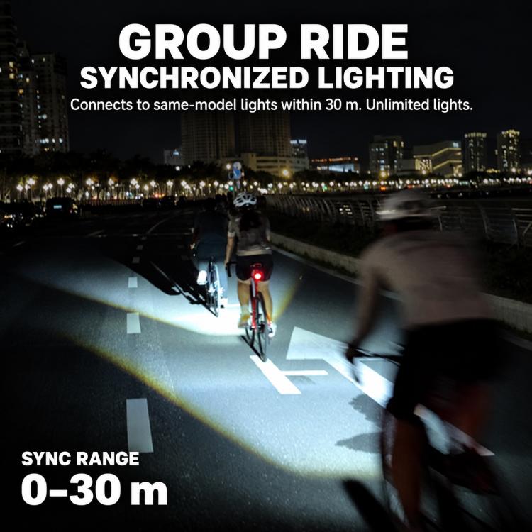 Bike front light casting synchronized group lighting across the roadway at night