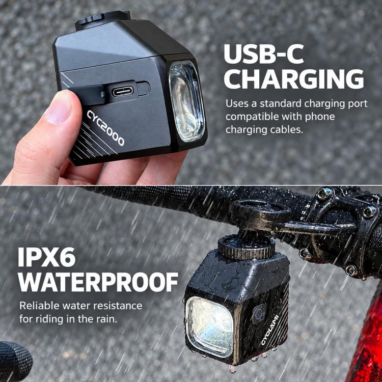 Front bicycle light with USB-C charging port and IPX6 waterproof housing details