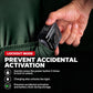 Black bike headlight with hand pressing power button for lockout mode