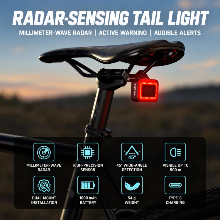 Radar-sensing bike tail light with illuminated red square on rear seatpost