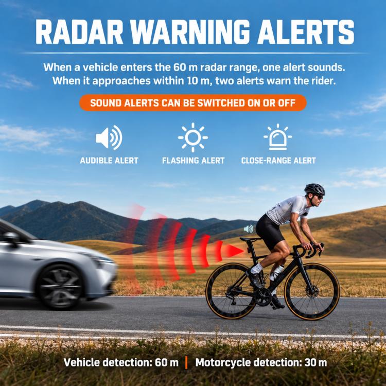 Bike tail light with red LED alert panel and audible warning icon