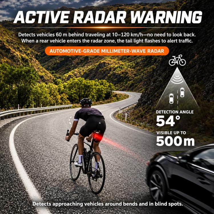 Radar warning bike tail light with red LED and detection angle indicator