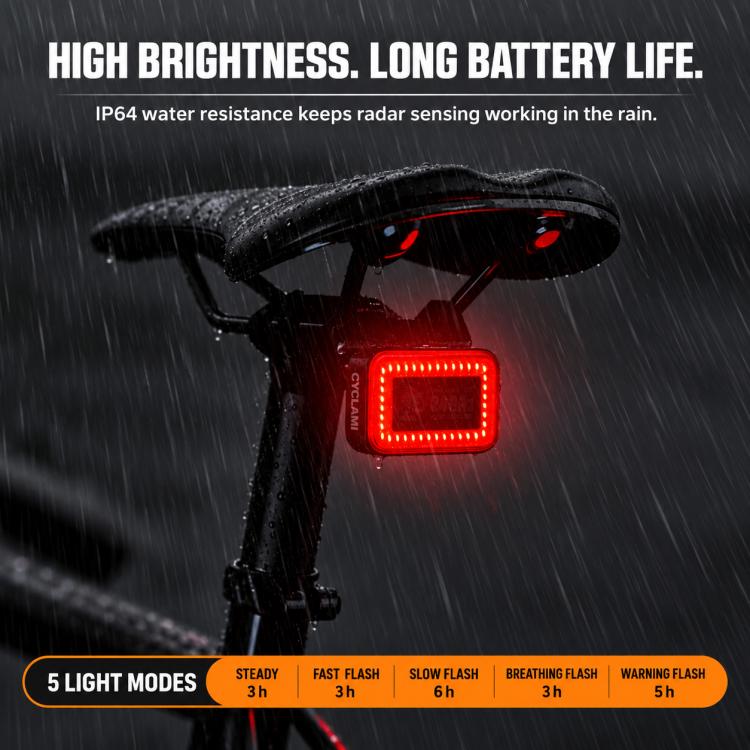 Bike tail light with red LED window and 5 light modes indicator icons