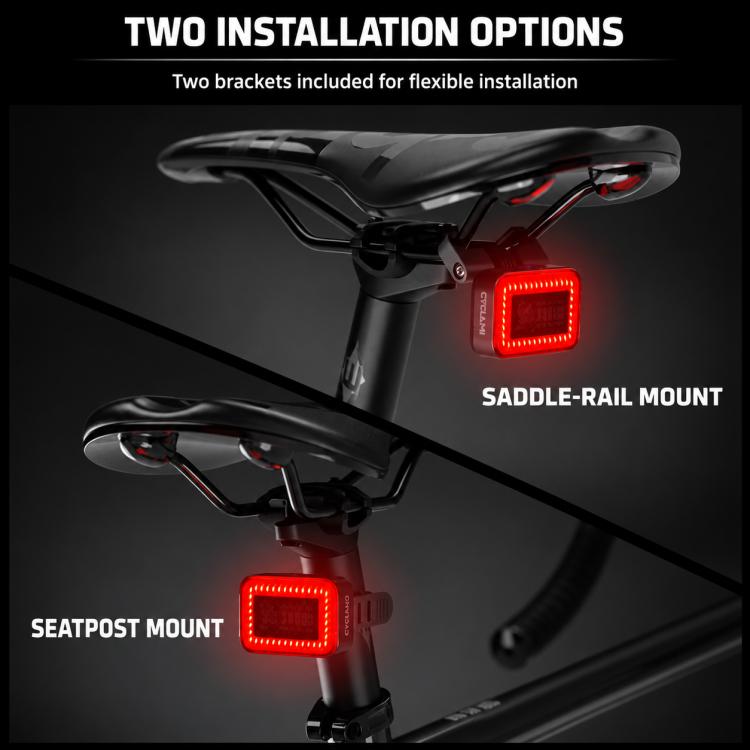 Bike tail light with red LED showing saddle-rail and seatpost mount options
