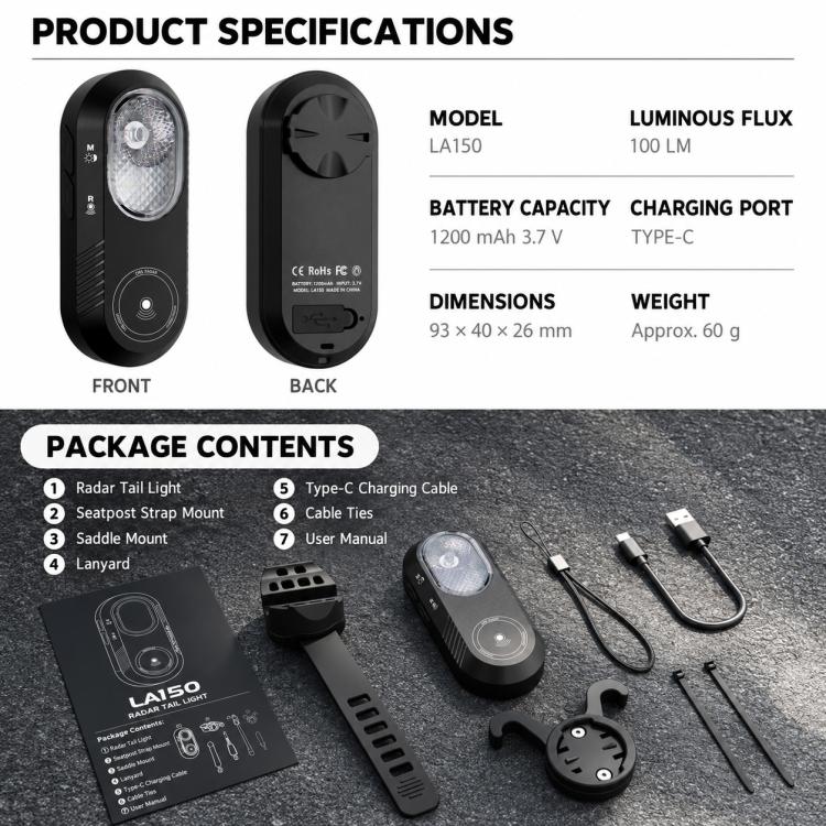 CYCLAMi LA150 Cycling Smart Radar Tail Light Compatible with Bike Computer, LA150