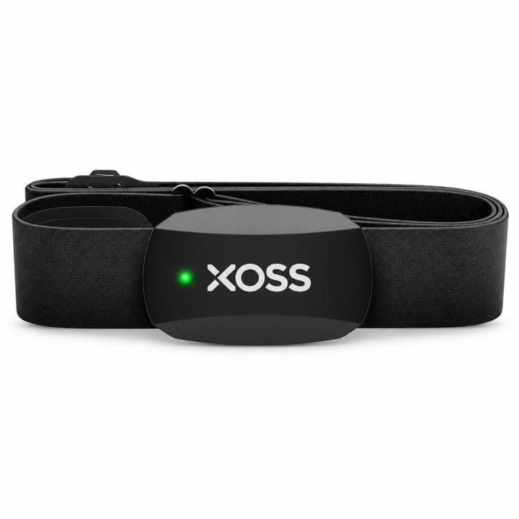 Black XOSS heart-rate chest strap with centered transmitter module and glowing green LED.