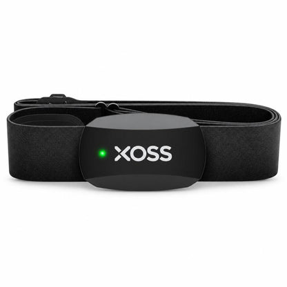 Black XOSS heart-rate chest strap with centered transmitter module and glowing green LED.