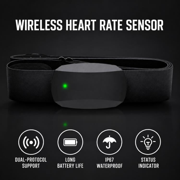 XOSS wireless heart-rate chest strap with transmitter module and glowing green LED.