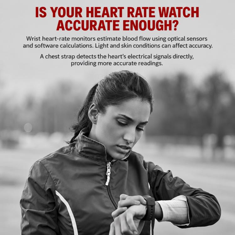 XOSS heart-rate chest strap worn on torso with small transmitter and green LED indicator.