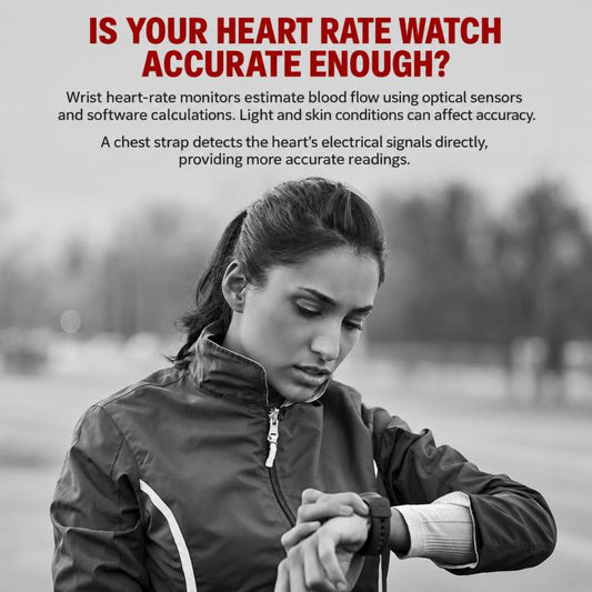 XOSS heart-rate chest strap worn on torso with small transmitter and green LED indicator.