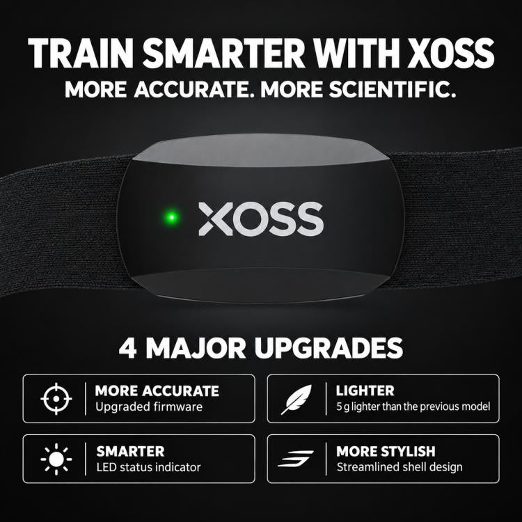 Black XOSS heart-rate chest strap with front transmitter module and glowing green LED.