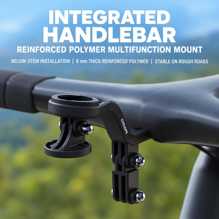 Integrated handlebar bike computer mount with reinforced arm, black.