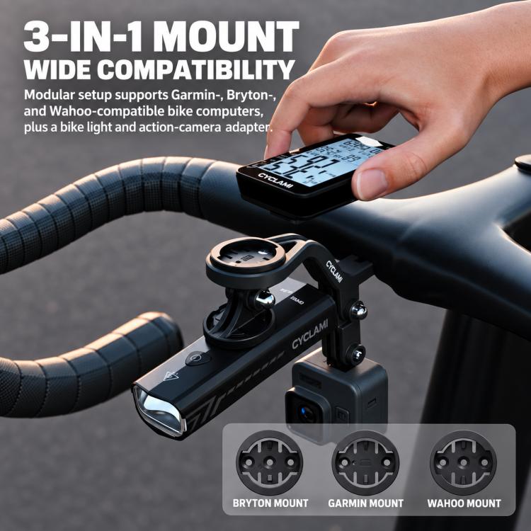 Modular wide bike computer mount with adjustable bracket, black.
