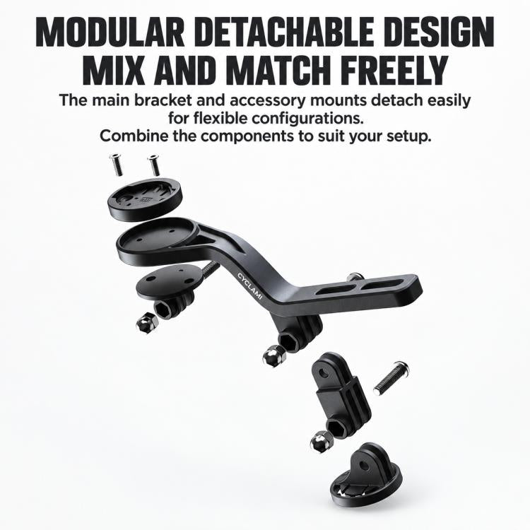 Detachable modular bike computer mount with main arm and accessory bases, black.