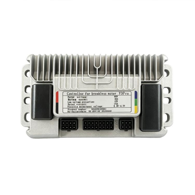 Electric scooter motor controller, front view, metal housing with cooling fins
