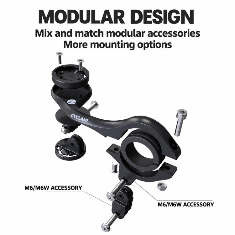 Modular bike computer extension mount in parts view, black curved arm and bases