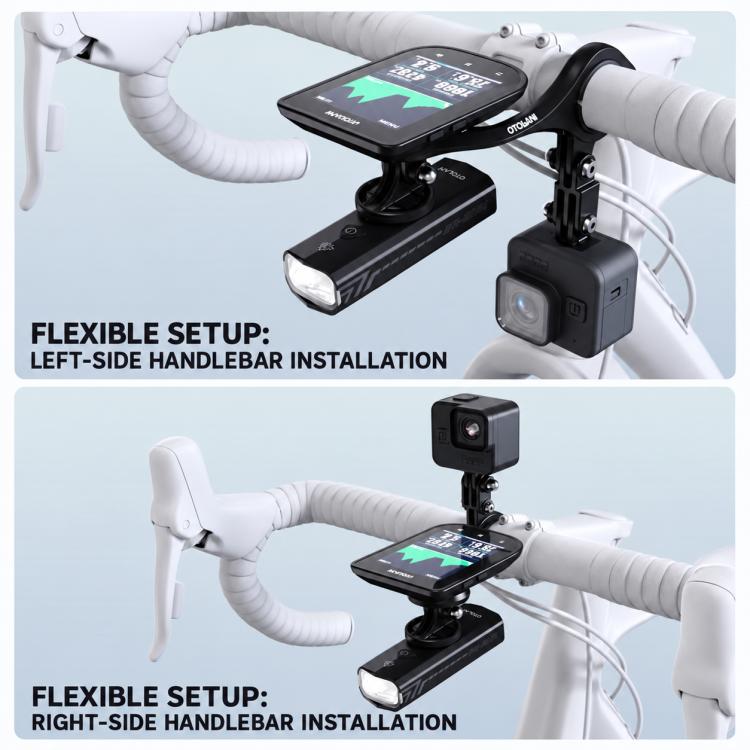 Bike computer mount on handlebar with device holder and accessory mount brackets