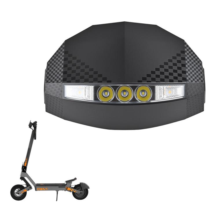 Scooter dashboard display assembly with checkered sides and front LED light bar