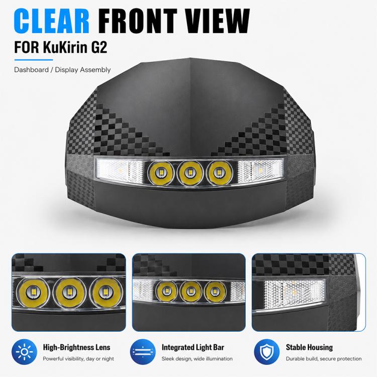 Scooter dashboard display assembly clear front view with triple yellow LED circles