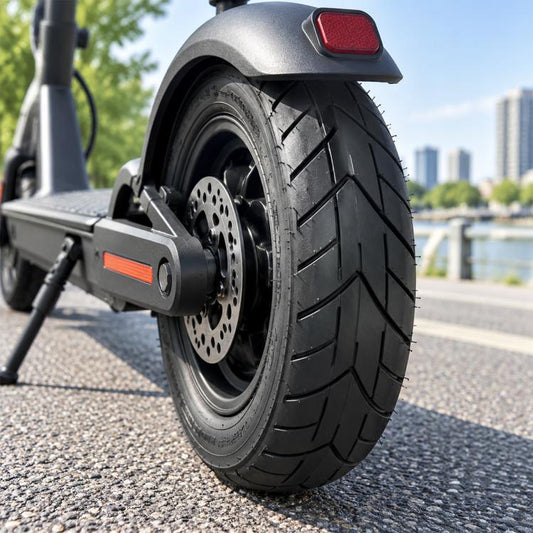 Electric scooter replacement tire with black tread and wheel hub, front close-up
