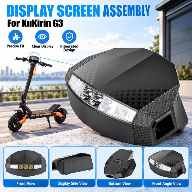 Scooter dashboard display screen assembly, checkered housing with front light bar