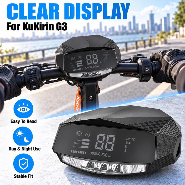 Scooter dashboard with clear LED display window and integrated front headlight