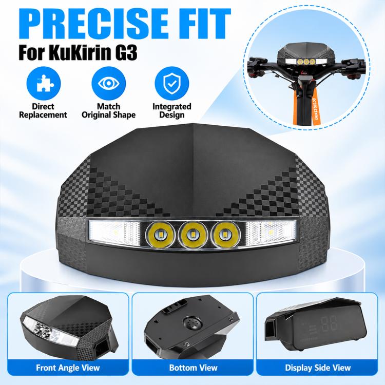 Scooter dashboard display housing, checkered sides and integrated light strip