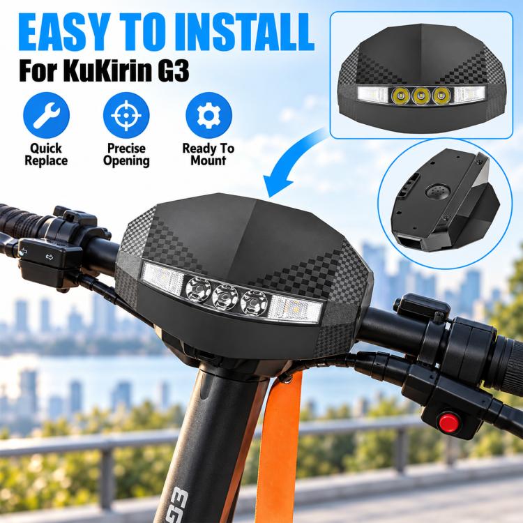 Scooter dashboard display unit mounted on handlebars with integrated front light