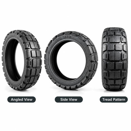 Universal electric scooter tire shown from angled, side, and tread pattern views, black