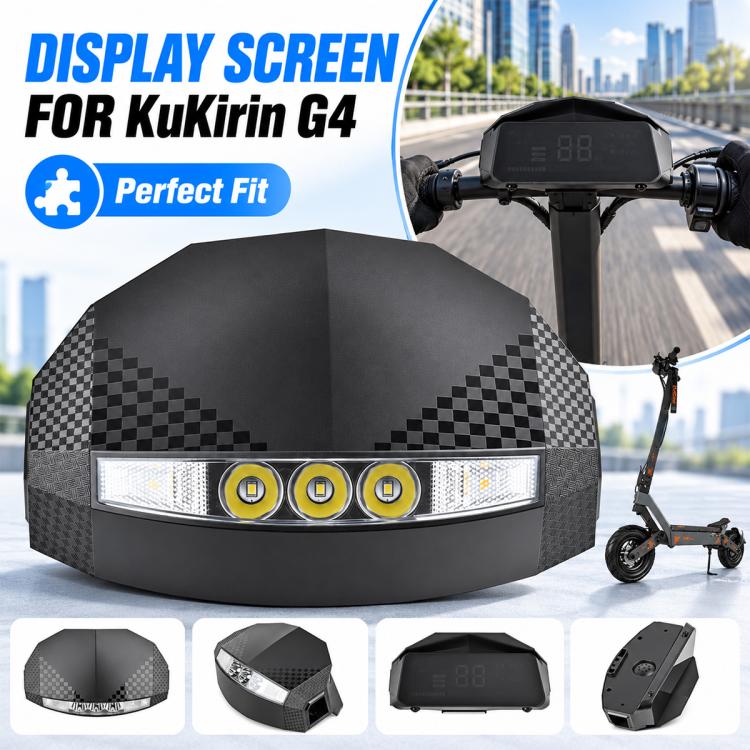 Black scooter dashboard display housing with checkered front and multi-LED light bar