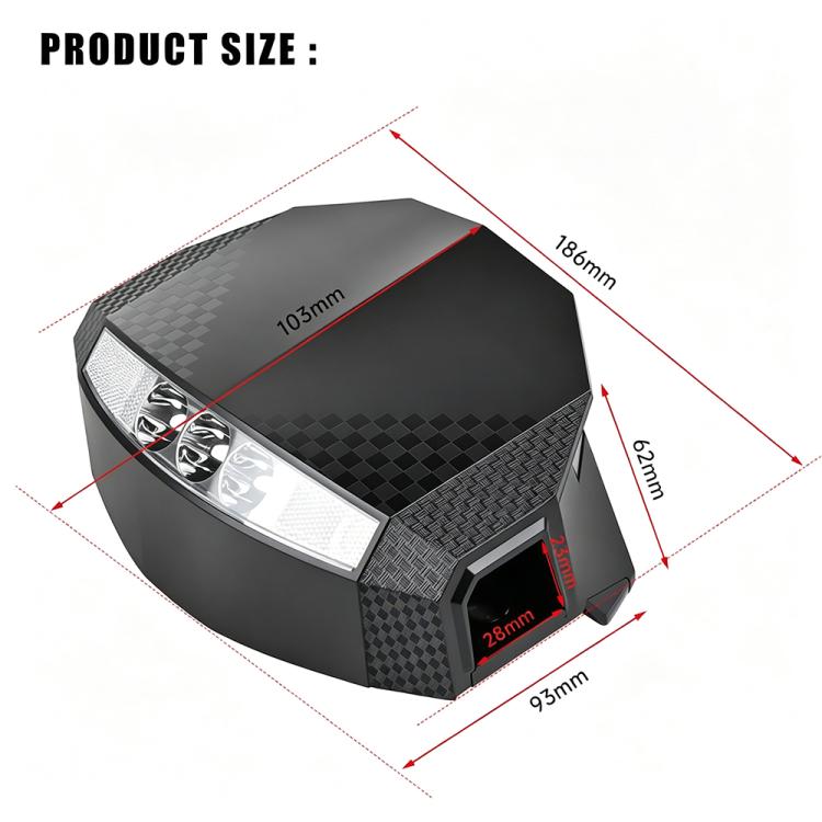 Scooter dashboard housing size diagram with red measurement lines and angles