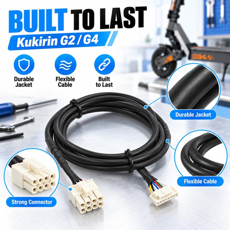 Black jacketed scooter controller cable with flexible cable section and connectors.
