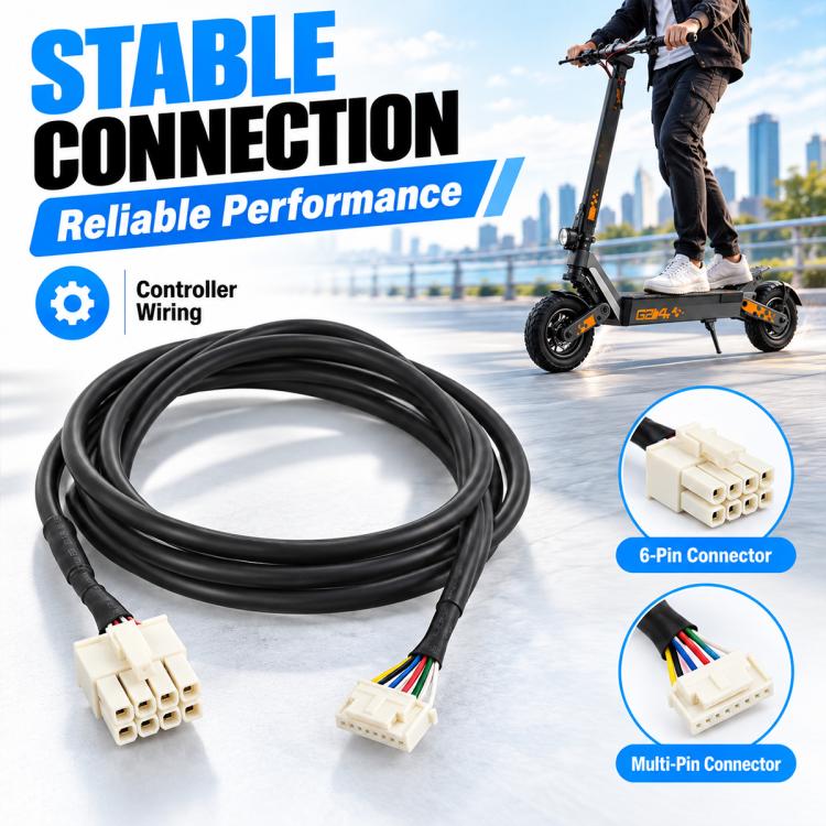 Black scooter controller cable with 6-pin connector and multi-pin connector, coiled.