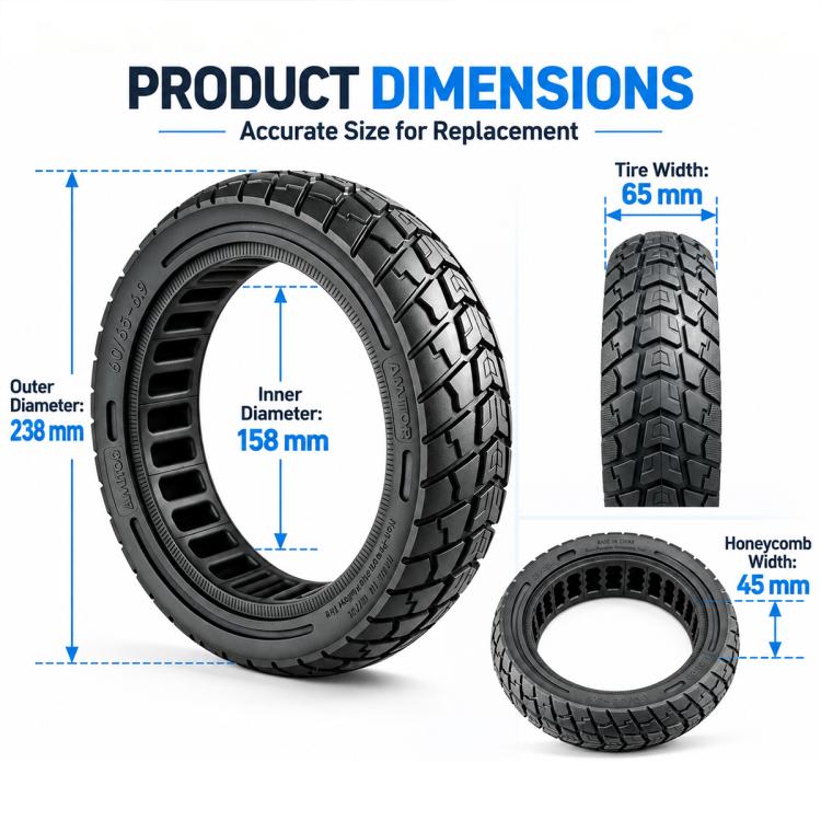 Black solid honeycomb scooter tire, with inset view of another tire side.