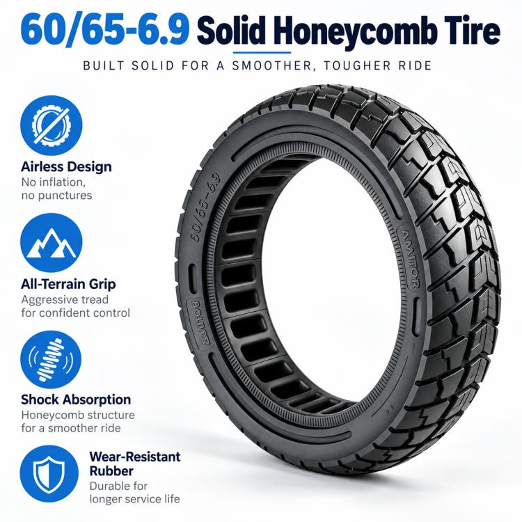 Black solid honeycomb scooter tire with chunky all-terrain tread.