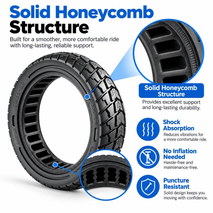 Black solid honeycomb scooter tire with thick honeycomb-style side structure.