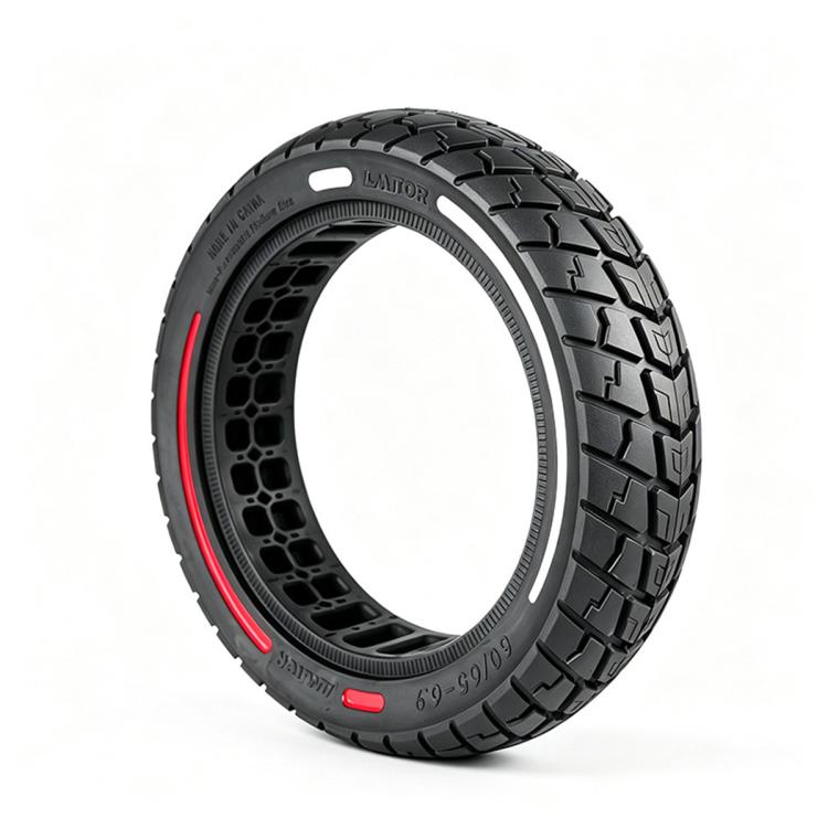 Standalone solid scooter tire, black with red side stripe and chunky tread blocks