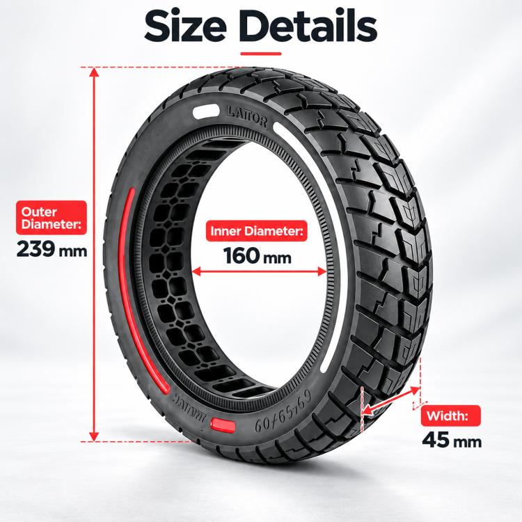 Solid scooter tire with black tread and red side stripe, dimension-style size markings