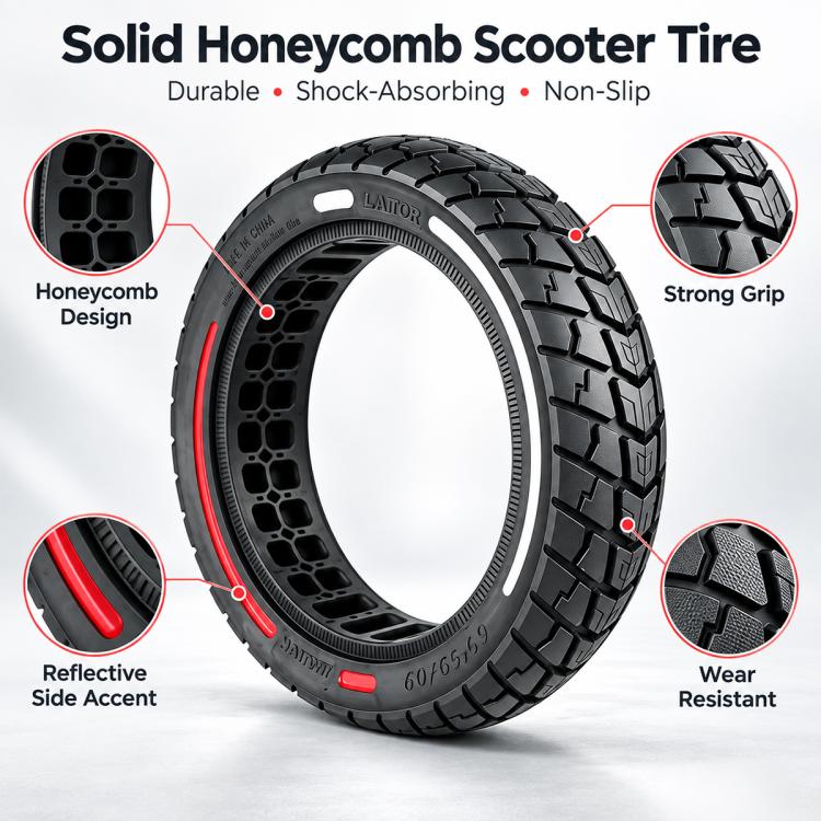 Solid honeycomb-pattern scooter tire with black tread, red side stripe, grip texture