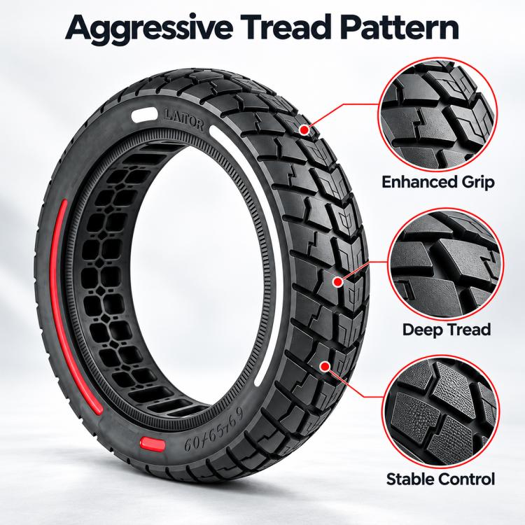 Solid scooter tire with aggressive tread blocks and red side stripe, enhanced grip detail